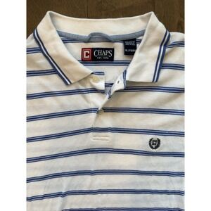 Chaps Stretch Polo‎ Shirt Men's Size XL White/Blue Striped Short Sleeve Preppy